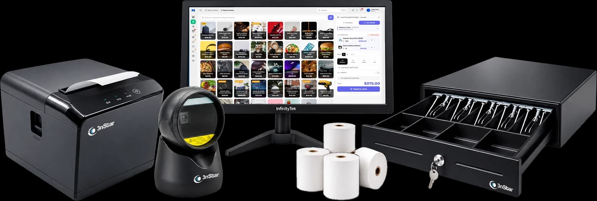 Combo Punto de Venta POS Nerux: impresora térmica, lector 2D, monitor con el sistema, rollos de papel y cajón de dinero